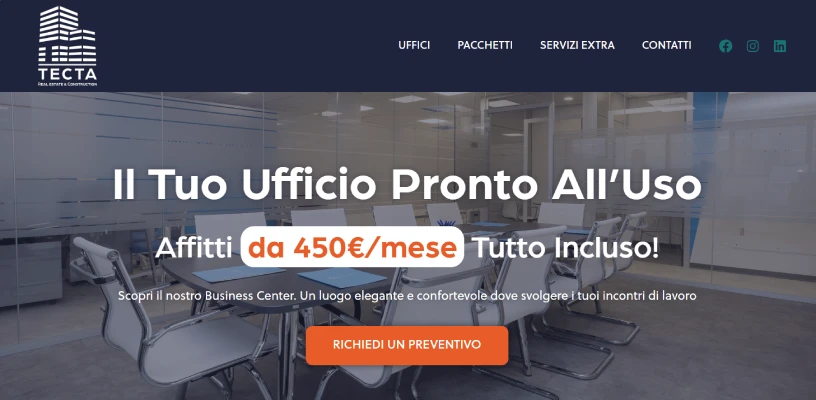 Sito vetrina per Tecta Milano, realizzato per la promozione di uffici in affitto.
