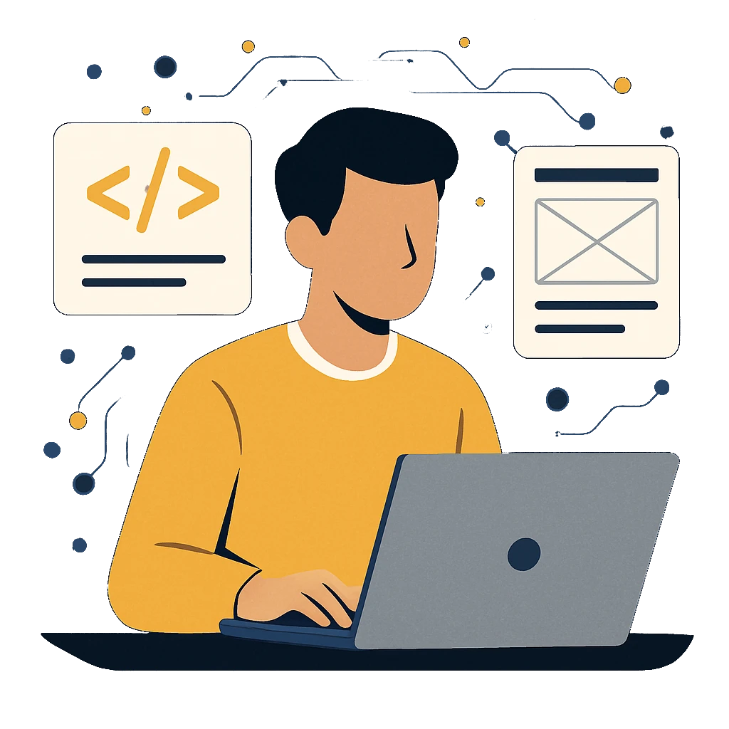 Illustrazione di uno sviluppatore web al lavoro su laptop, circondato da icone di codice e wireframe, simbolo della creazione sito web personalizzata.