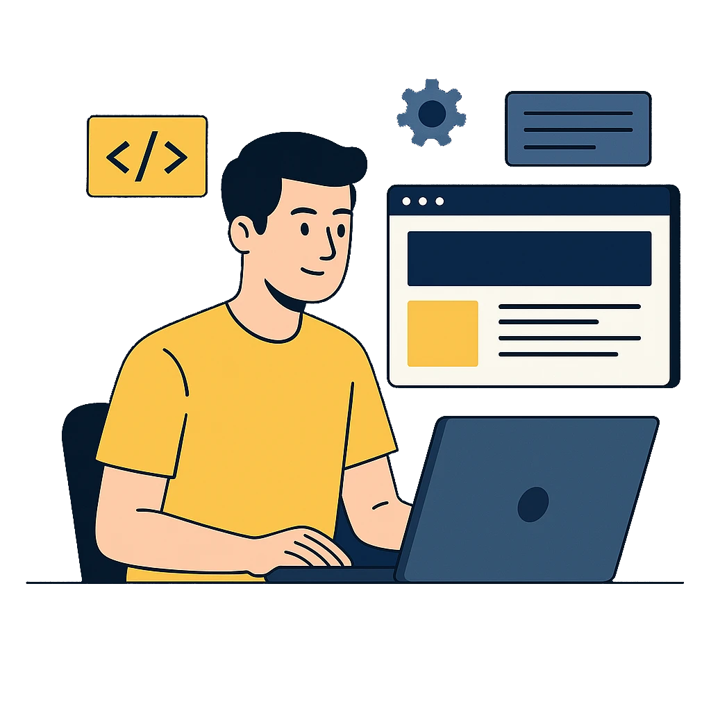 Illustrazione di uno sviluppatore al lavoro su laptop, circondato da elementi UI e codice, rappresentazione visiva della creazione siti web.
